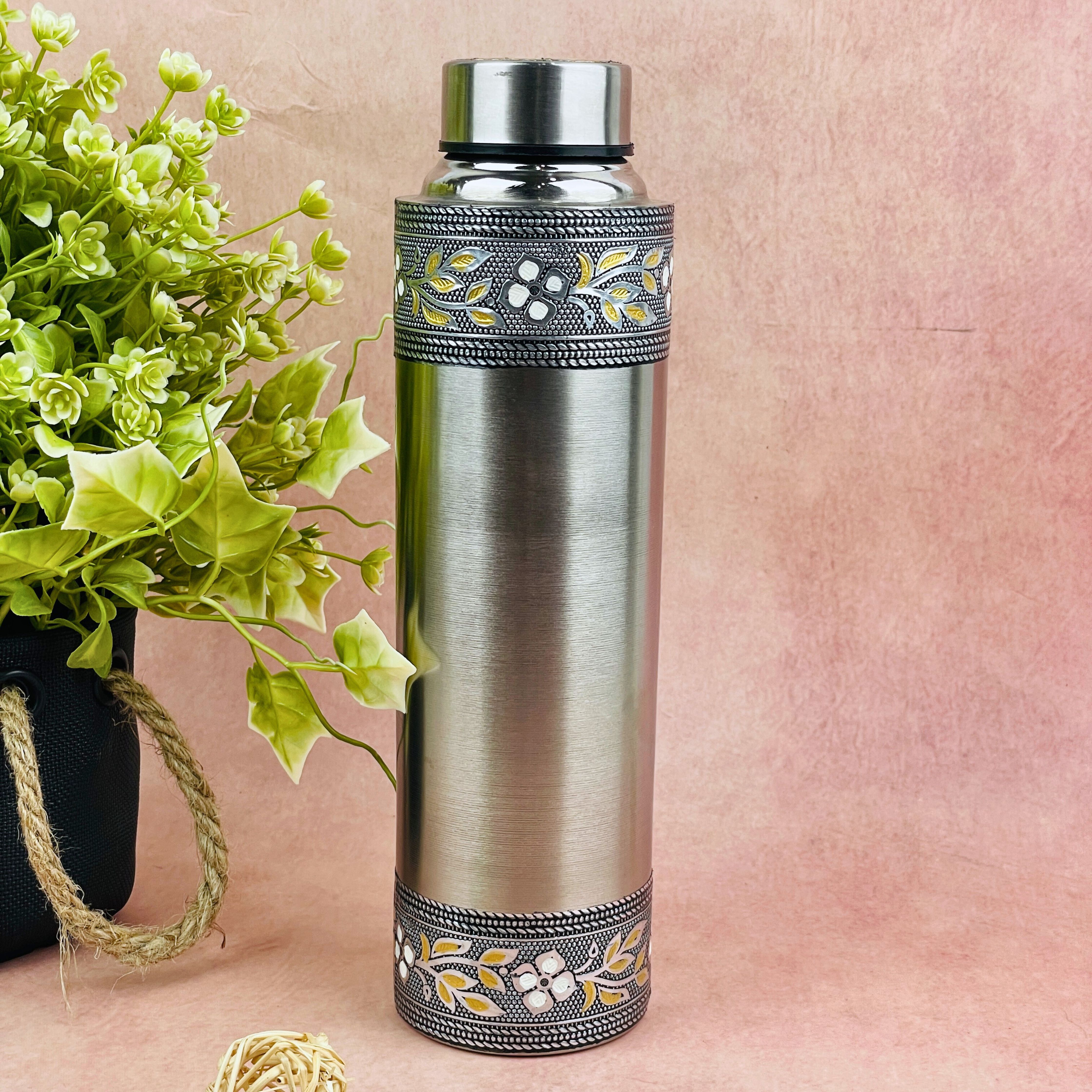 NAVRANG Stainless Steel Meenakari Water Bottle 1 Litre | Oxidized Floral Design Drinking Bottle for Home, Office Travel